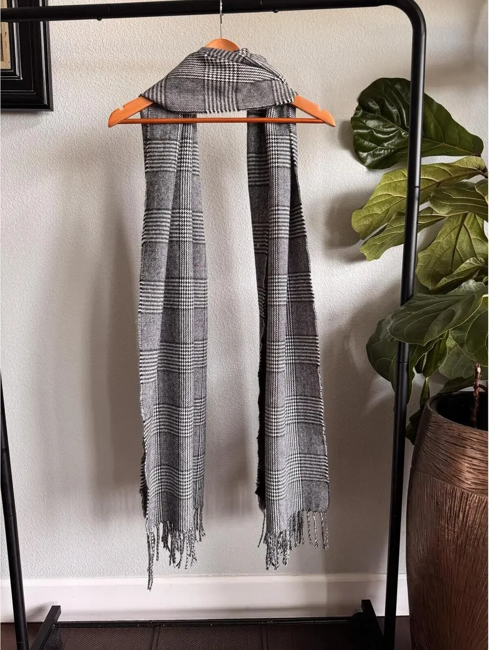 Monki Black White Plaid Fringe Scarf One Size Acrylic Winter Wrap